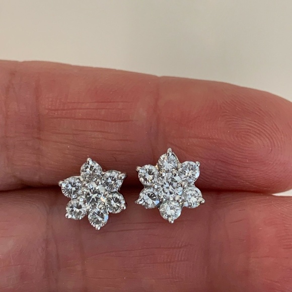 DIAMOND ROUND BRILLIANT FLOWER STUD EARRINGS 1.4CT - Picture 8 of 16